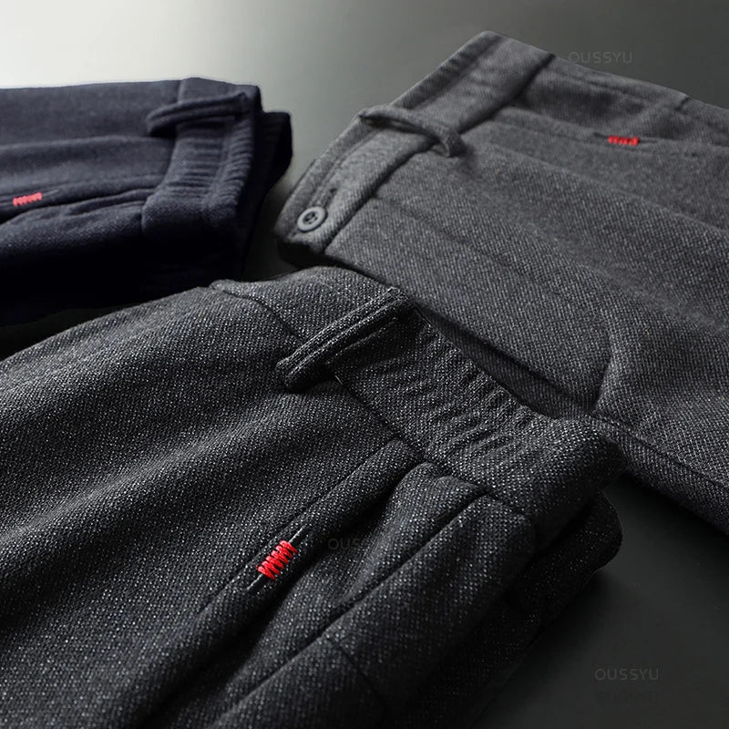 Autumn Winter New Classic Casual Pants Men Thick Business Korea Slim Fit Stretch Gray Blue Black Brushed Fabric Trousers Male
