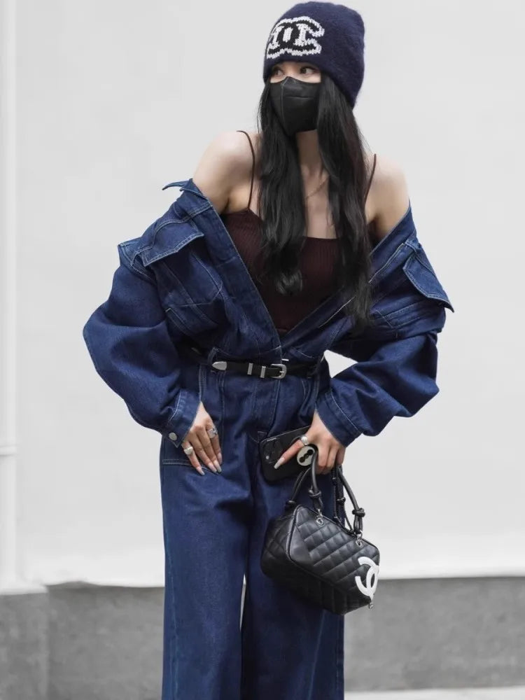 Blue Design Denim Jumpsuit Women'S Spring And Autumn Collar Fashionable Workwear Large Pocket Loose Pants