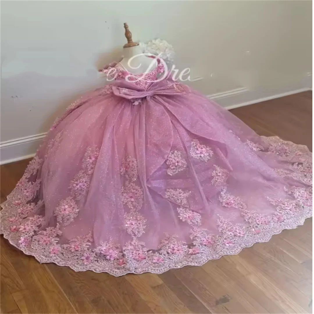 Flower Girl Dress For Wedding With Bow Lace Applique Tulle Puffy Shiny Kids Birthday Party First Communion Ball Gowns Customized