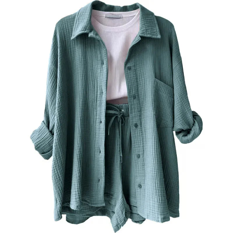 Short Sets Women Tracksuit Single Breasted Cardigan Blouses Two Pieces Shorts Loose Button High Street Solid Pockets Folds