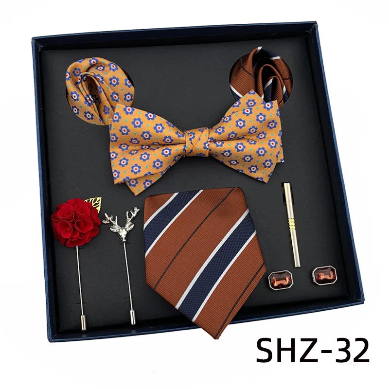 Vintage Green Men's Tie Set Luxury Neck Ties For Wedding Gift Bowtie Handkerchief Cufflinks Tie Clip Brooch Set For Male Necktie
