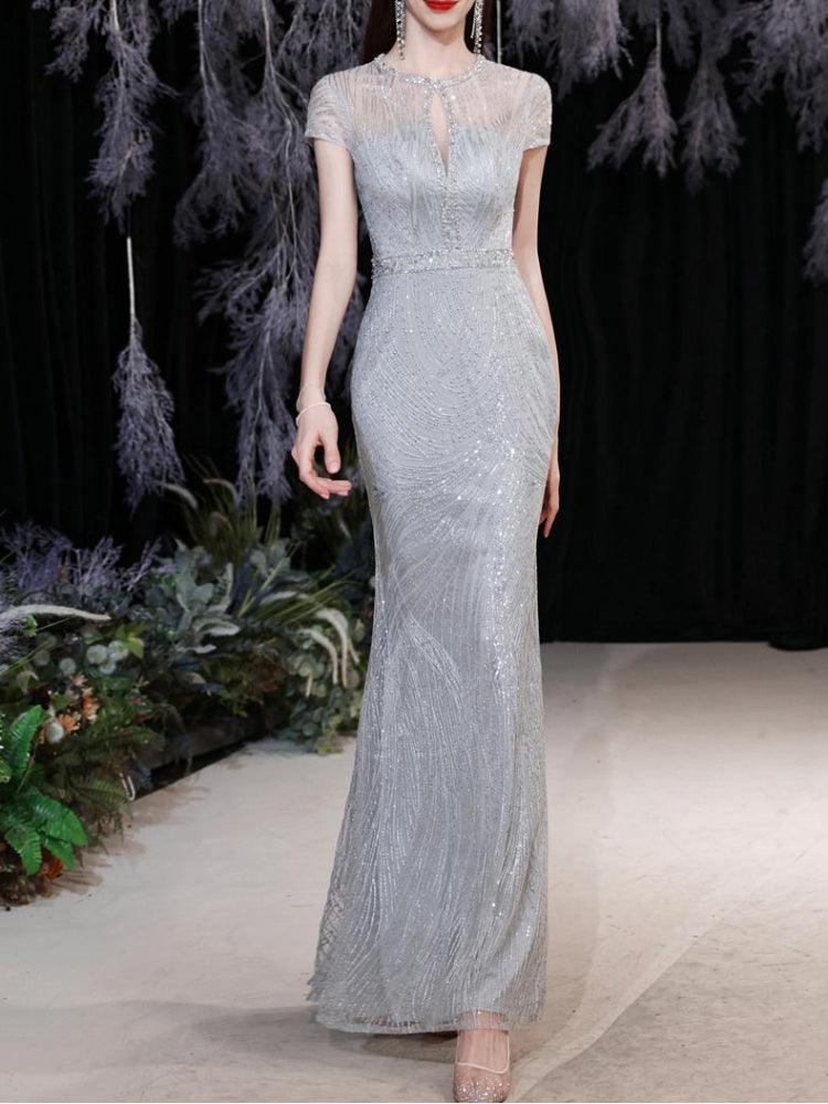 Customized O-neck Sequined Slim Fit Simple Elegant Evening Dresses Sleeveless Wedding Party Vestidos Temperament Elegant Trumpet
