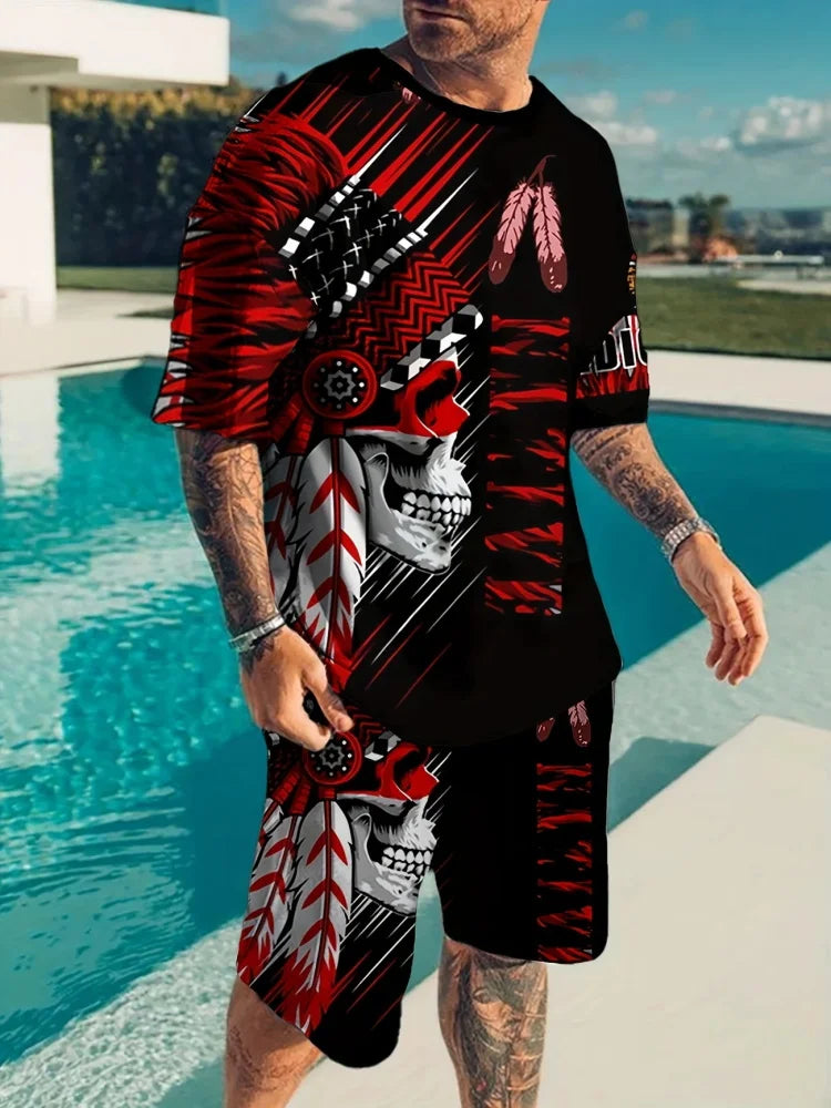 Men's Summer Short Sleeve Set Hip Hop Cartoon Bear Print Short Sleeve Top Shorts Casual Two-piece Outdoor Urban Street Fashion