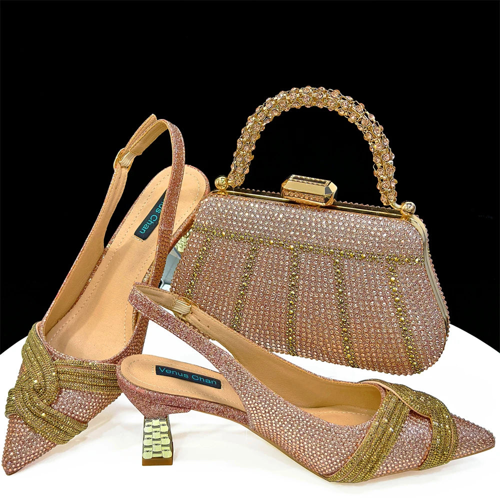 Venus Chan 2024 Special Design High Quality Orange Color African Women Shoes and Bag Set with Shinning Crystal for Wedding Party