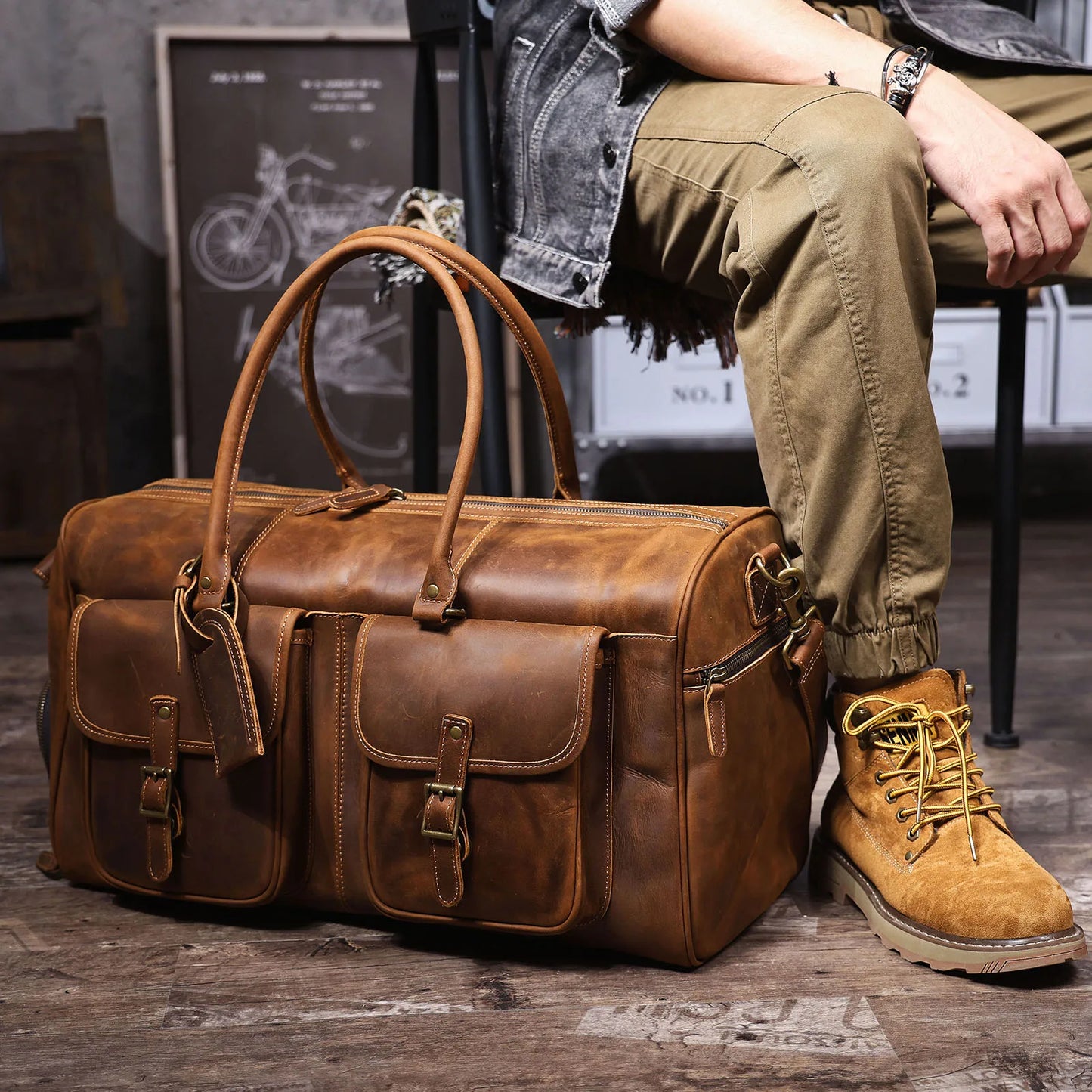 S.WORKER Vintage Genuine Leather Travel Bag Crazy-horse Cowhide Leather Duffel Bag Handicrafted Weekender Bag Gym Bag