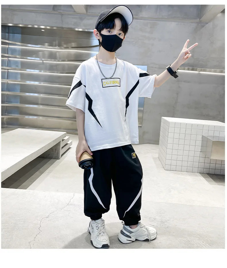 Summer Boys Cotton Alphabet Lightning T-Shirt Tops+Sweatpant School Kids 2PCS Tracksuit Child Jogger Outfit Workout Set 5-14 Yr