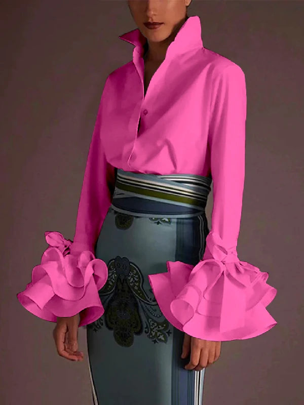Women Elegant Flared Sleeves Falbala Blouses 2024 New Spring Autumn Black White Color Casual Office Lapel Shirts Tops