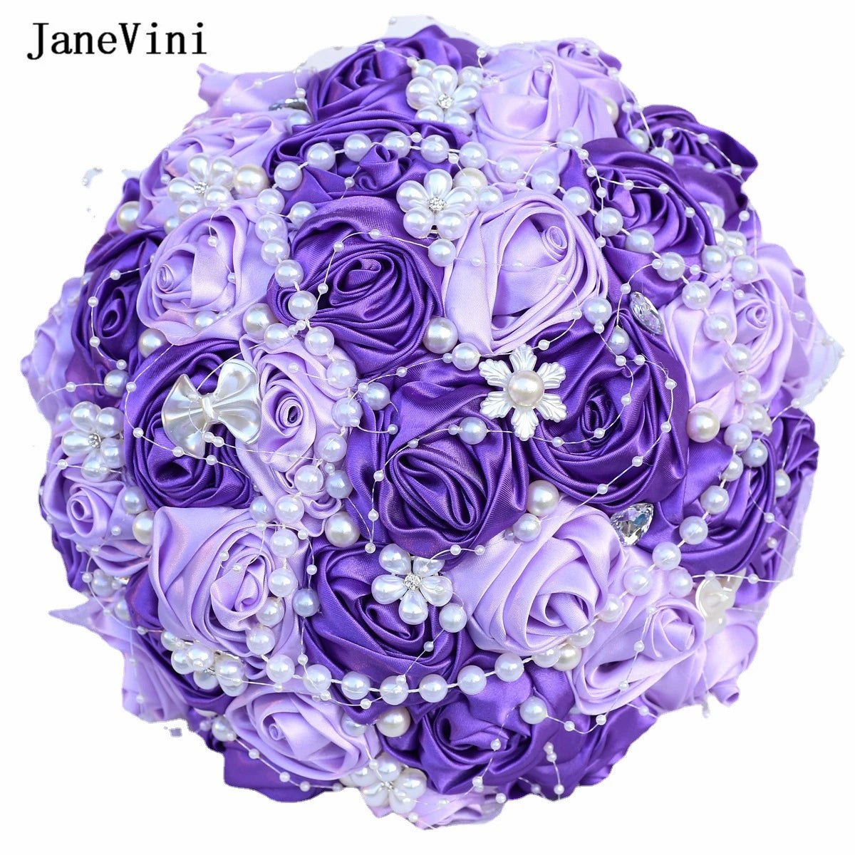 JaneVini Stunning Pearls Purple Flowers Bridal Bouquets Ribbon Handle Artificial Satin Roses Bride Bouquet Wedding Accessories