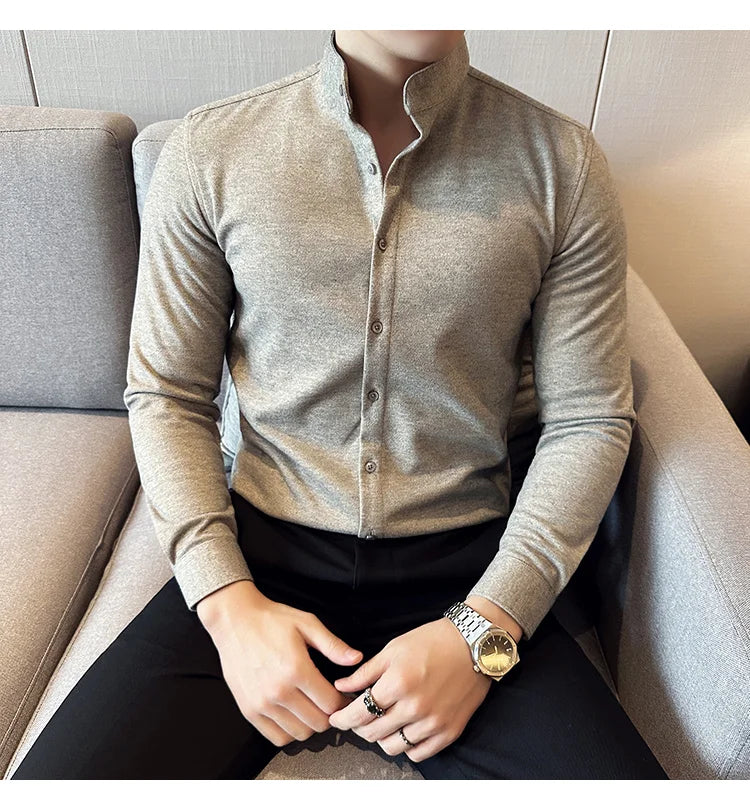 Winter Men Woolen Shirt with British Style Solid Casual Stand Up Collar Thick Warm Wool Formal Dress Shirt Fashion Men Clothing