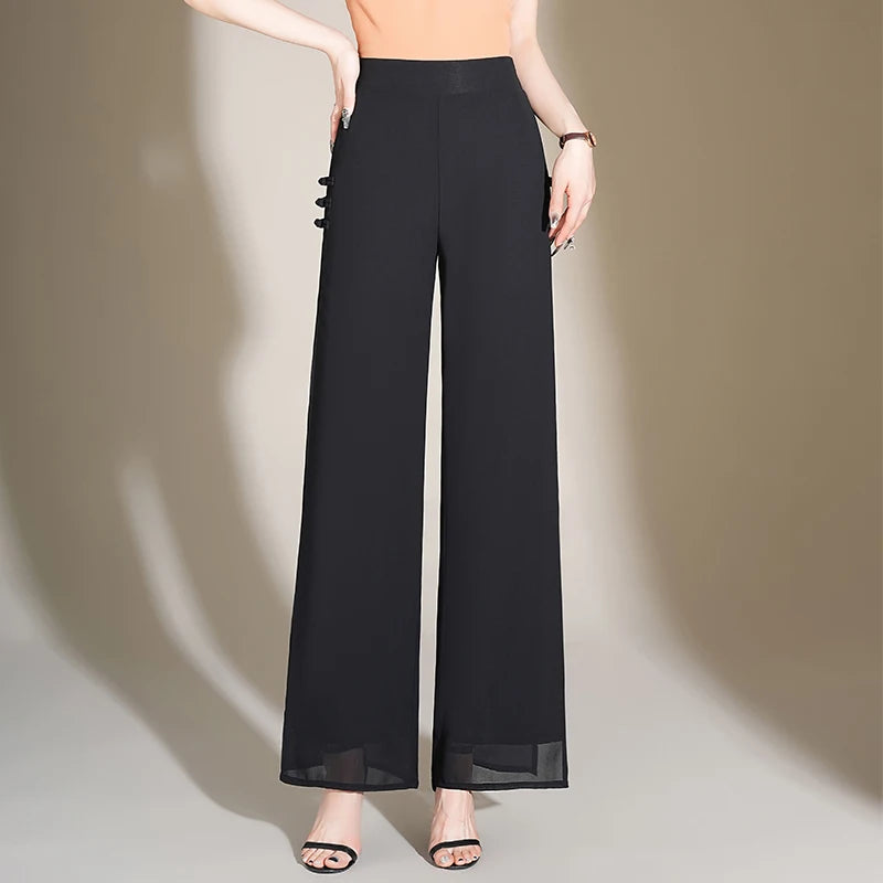 ZUZK Slit Chiffon Long Pants Summer Comfortable Elastic Waist Slim Double Layer Chiffon Pants Chic Droop Chinese Style Pants