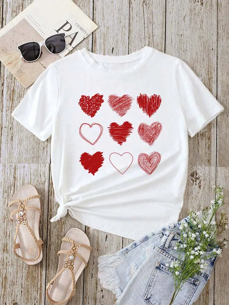 Red Heart Printed Women T-Shirts Fashion Streetwear Short Sleeve Tee Clothing Casual Soft Women Tops Valentine's Day T-shirt