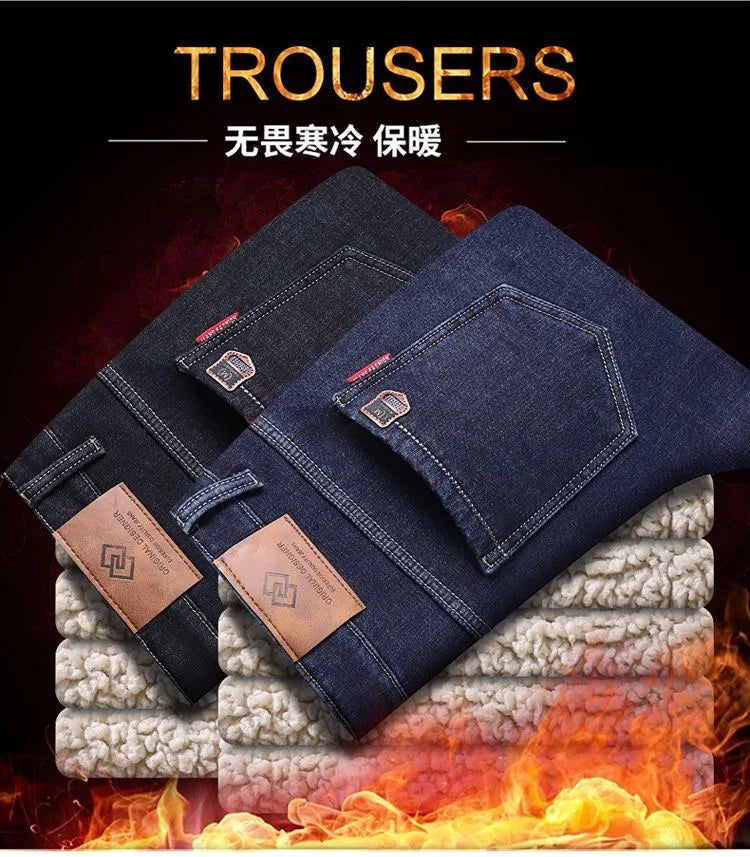 Winter New Fashion Trend Solid Color Plus Plush Thick Warm Jeans For Men's Casual Loose Sports Straight Leg Elastic Jeans 28-40