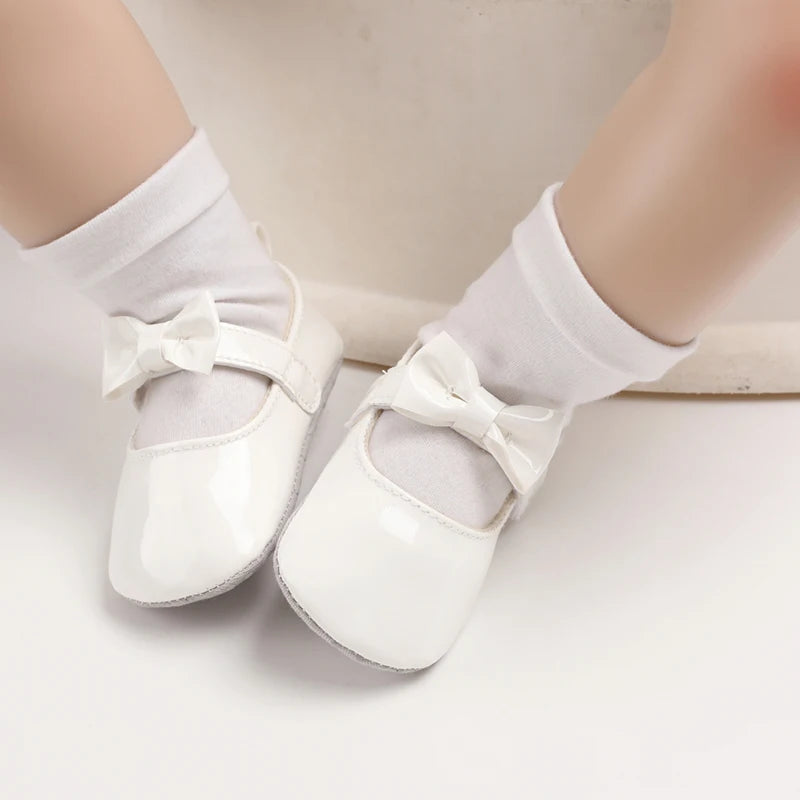 VALEN SINA 0-18 Months Newborn Girl White Baptism Shoes Bow Non-slip Rubber Soft-Sole Flat PU First Walker Mary Janes