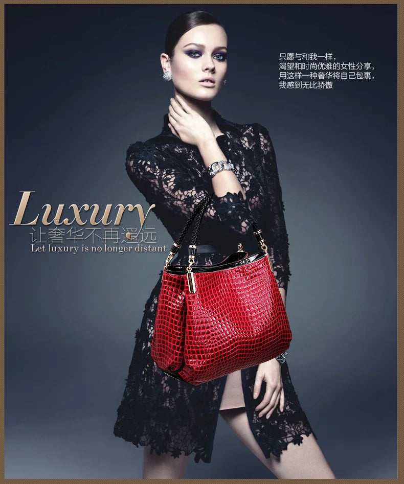 Classic Stone Texture Top-Handle Bag with Crocodile Print Elegant Shoulder Bag for Sophisticated Women in Europe and America