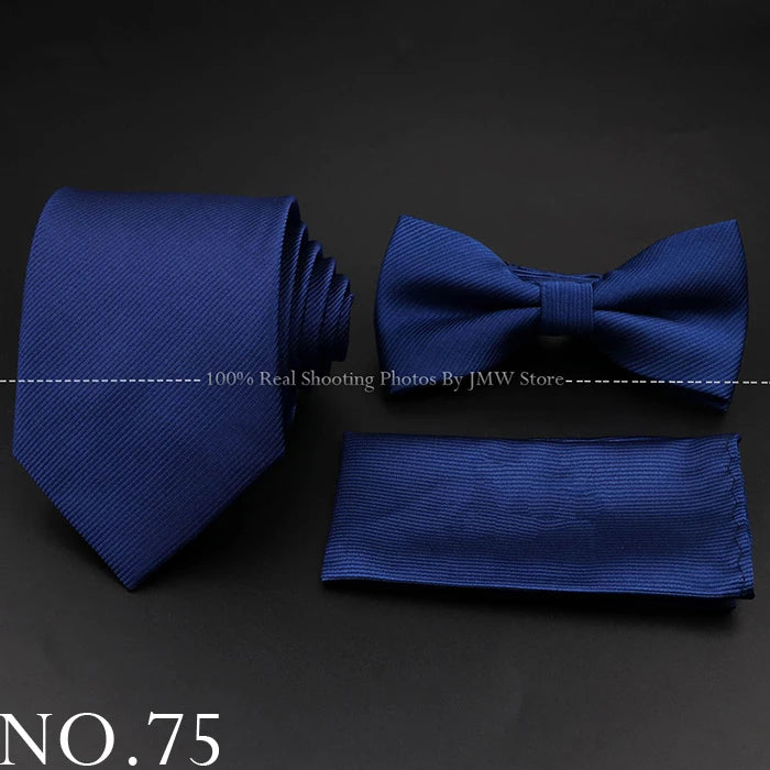 Hot Sale Red Blue Tie Set Polyester Slim Striped Necktie Bowtie Cufflink Brooch For Groom Suit Wedding Cravat Shirt Accessory