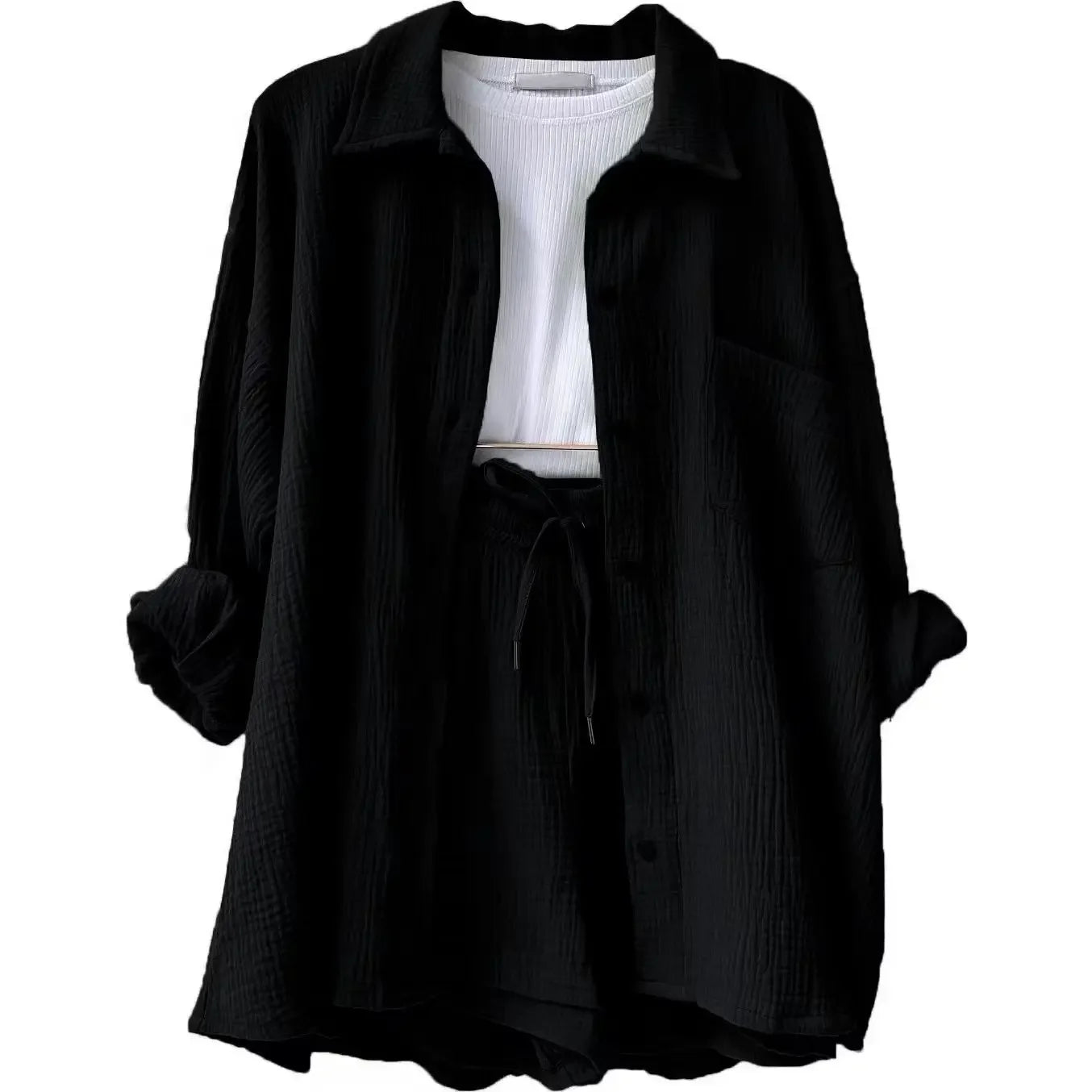 Short Sets Women Tracksuit Single Breasted Cardigan Blouses Two Pieces Shorts Loose Button High Street Solid Pockets Folds