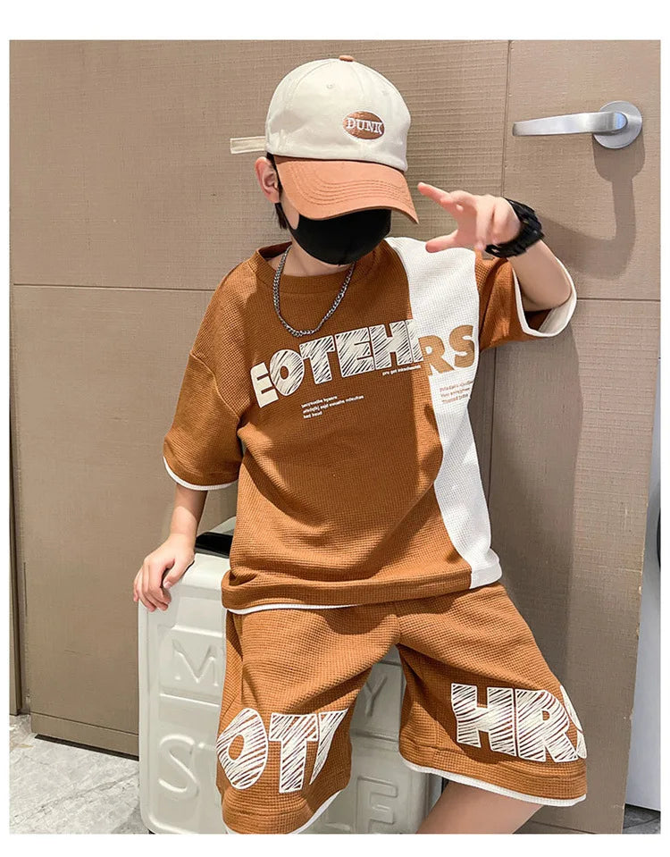 New Summer Teenagers Boys Clothing Sets Child Fashion Letter Top And Shorts 2Pcs Kids Tracksuit 4 5 6 7 8 9 10 11 12 13 14 Years