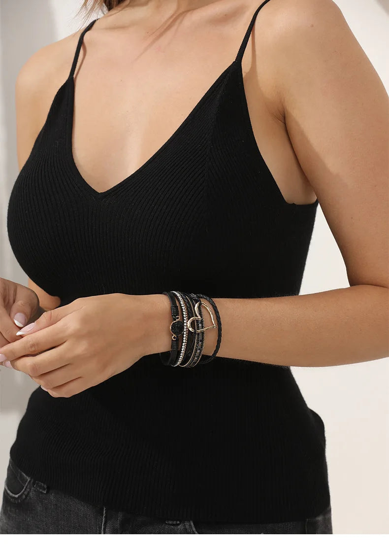WYBU Love Heart Charm Leather Bracelets For Women Fashion Braided Bangles Multilayer Resin Stone Hollow Leather Wrap Bracelets
