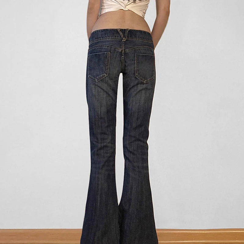 Cuteandpsycho Fashion Low Waisted Washed Flared Jeans Button Harajuku Aesthetic Pants Streetwear Basic Slim Pockets Y2K Bottoms