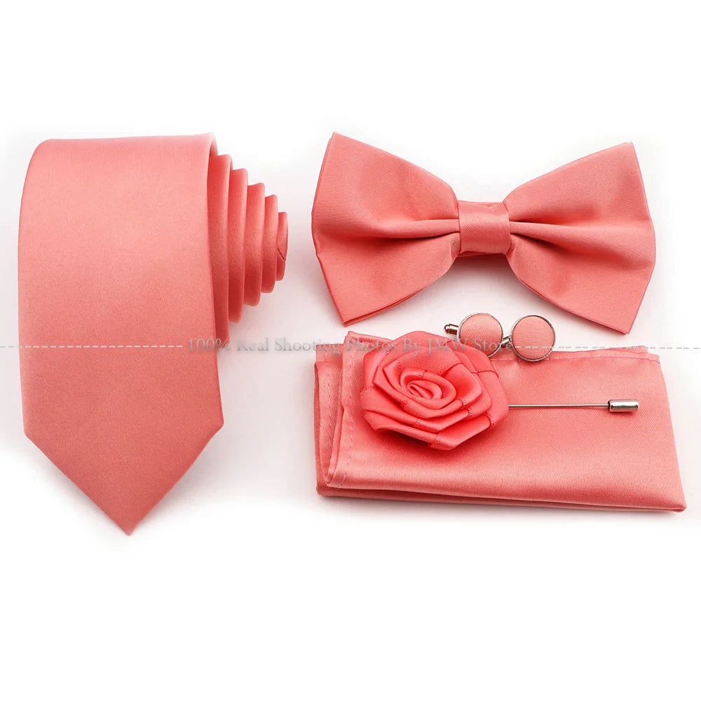 Hot Sale Purple Pink Sage Green Tie Set Polyester Necktie Bowtie Cufflink Brooch For Groom Suit Wedding Cravat Shirt Accessory