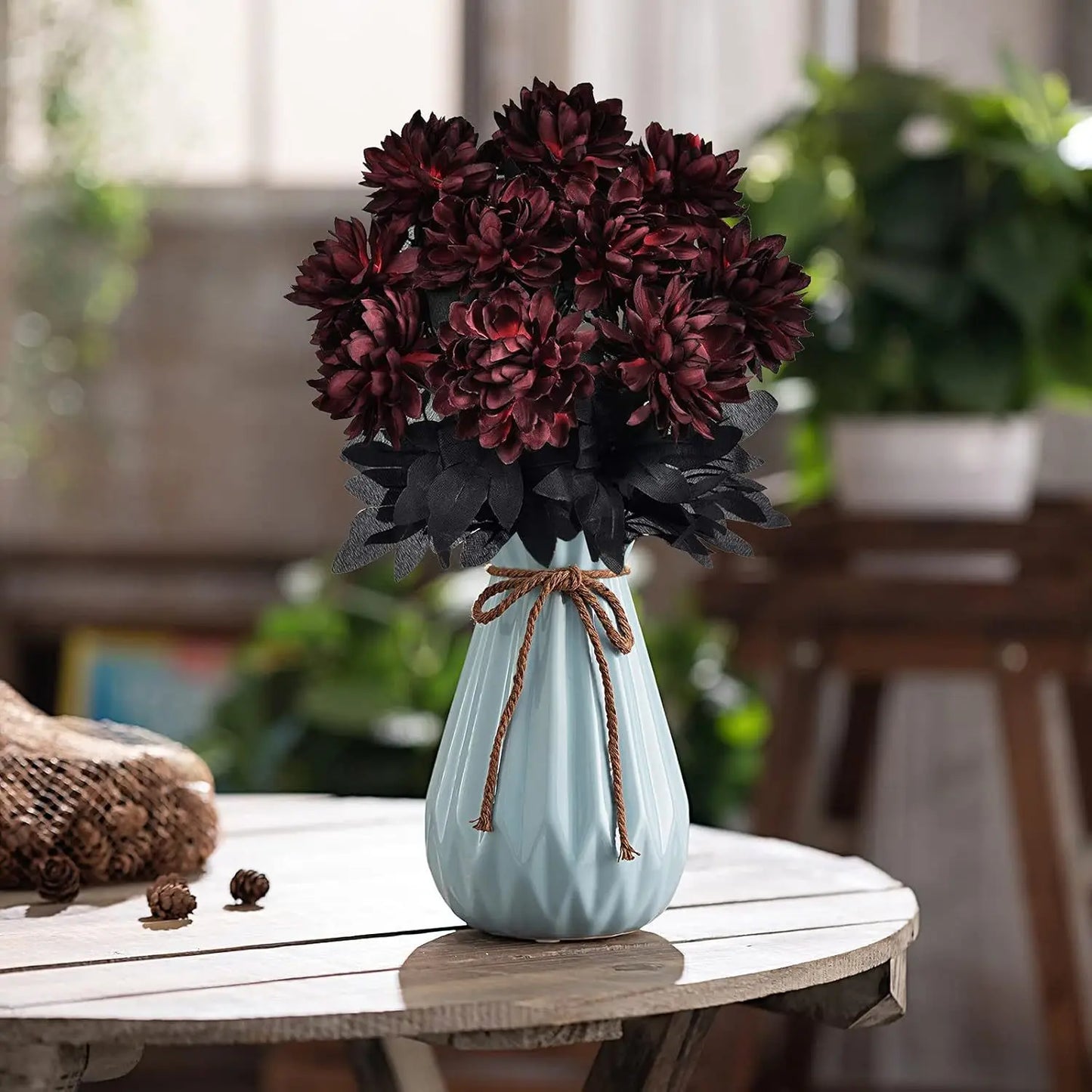 Halloween Burgundry Dahlia Black Artificial Flower Branch Wedding Flower Wall Arrangement Materials Fake Flower Table Home Decor