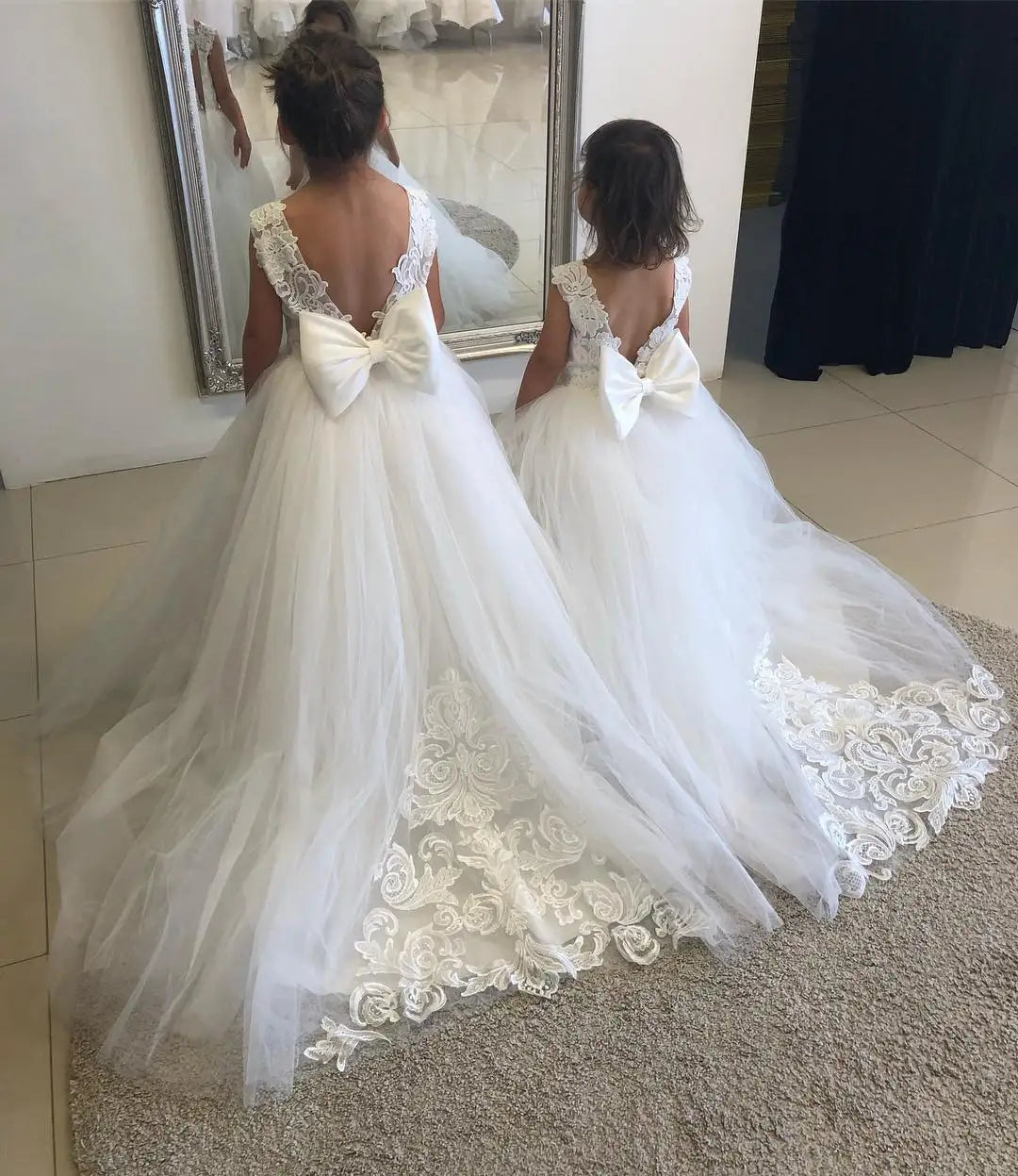 White Lace Child Flower Girl Dress Tulle Appliques Princess Floor Length for Wedding Party Baptism First Communion Gown