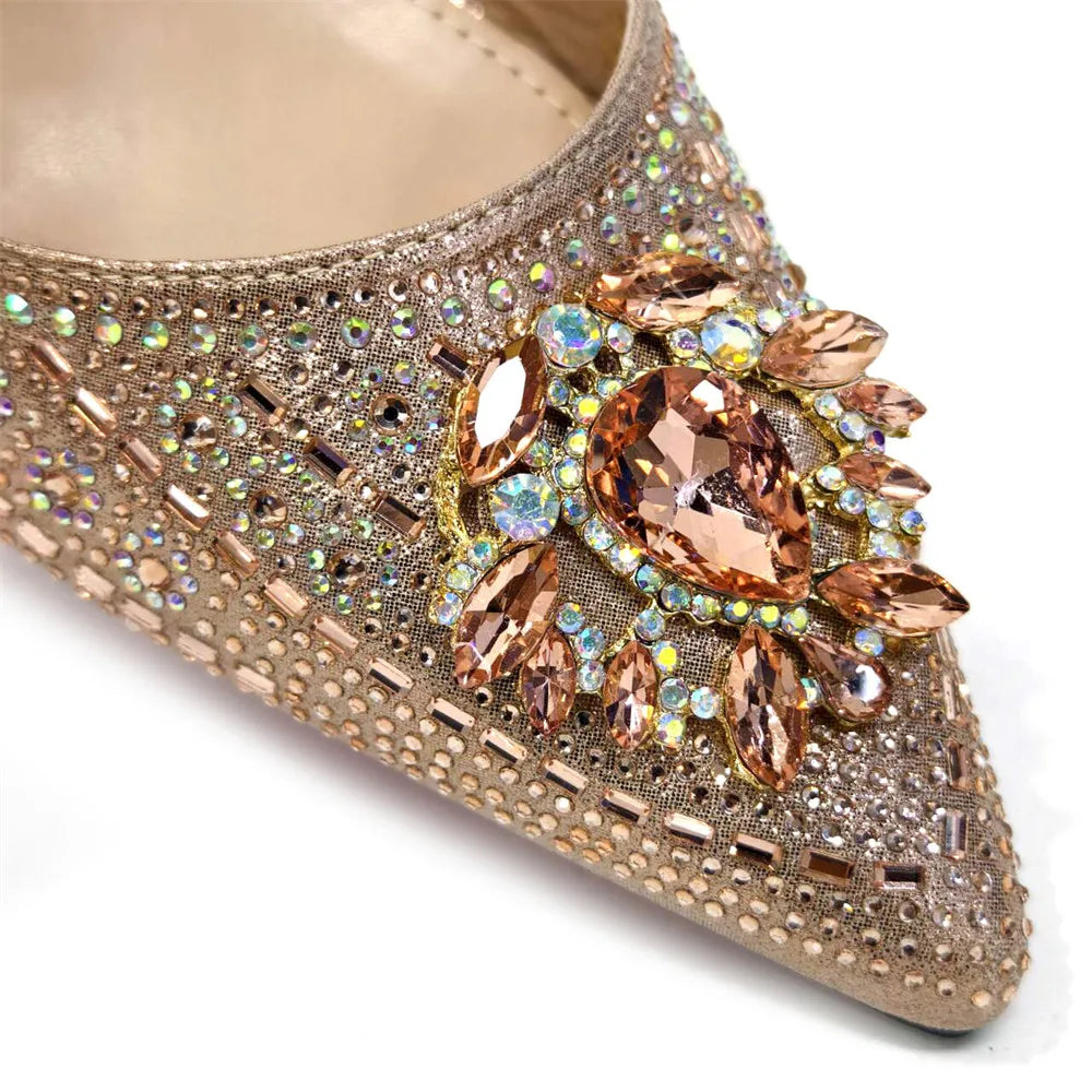 Nigerian Heel Party for Women Blue Color Shoes and Bag Set Rhinestone Handbag Italian Design Wedding INS 2025