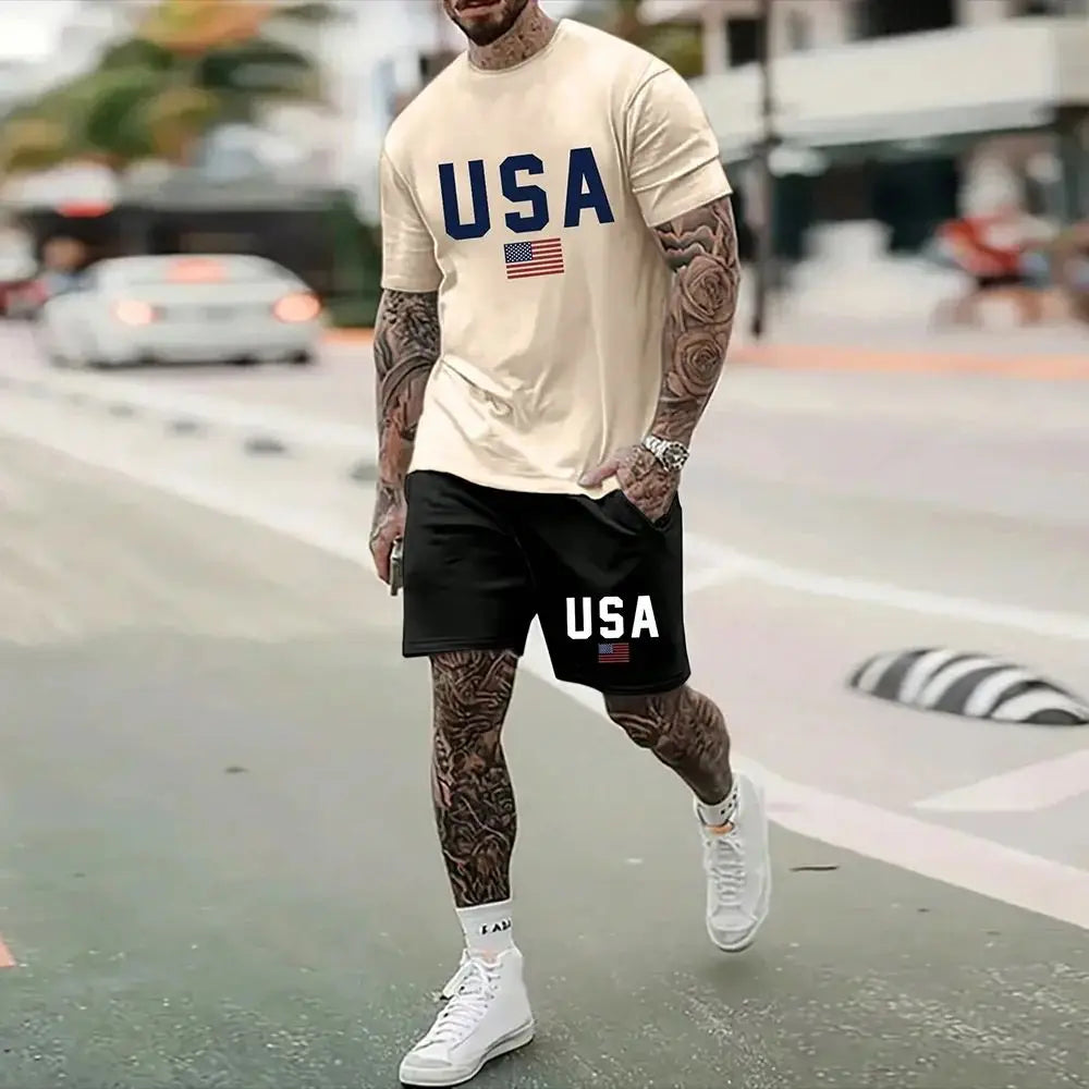 Men's Outdoor Printed T-shirt Shorts 2-piece Set 3D Printed O-neck Fashionable Men's Casual Breathable and Comfortable Set