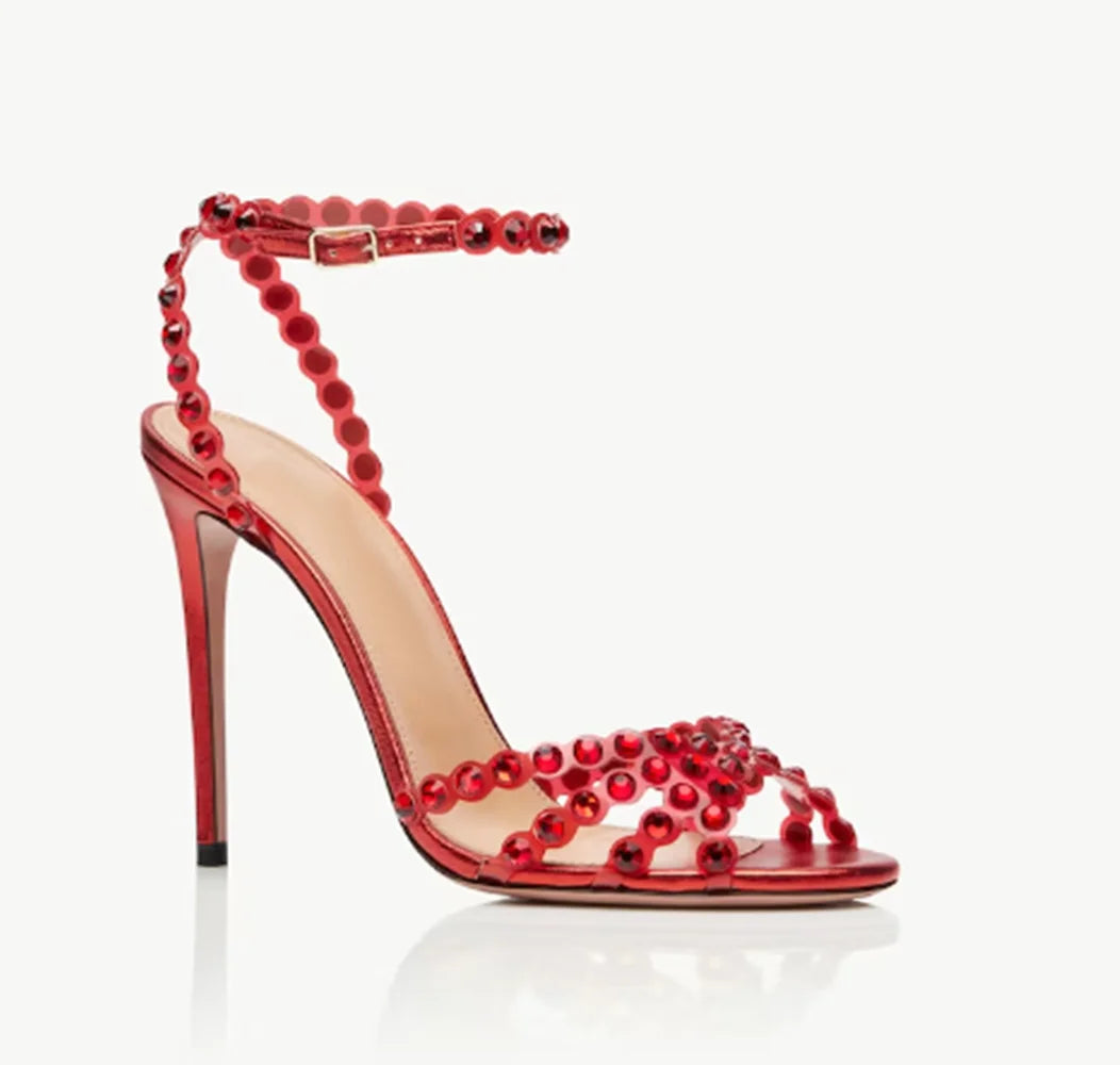 Women Peep Toe Wedding Sandals Crystal Bling Bling Colored Rhinestone shiny Sandals Stiletto Heels Slingback Ankle Strap Shoes