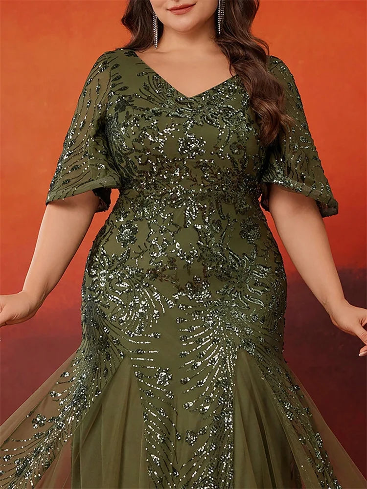 BLUEPLUM Plus Size Elegant Short Sleeves Sequin Evening Dresses For Women Mermaid Formal Bridesmaid Party Maxi Prom Dress Gown