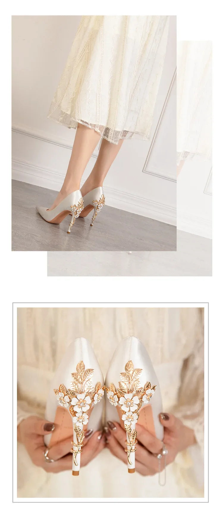 Women's Metal Flowers Stiletto High-heel Shoes Female Light Luxury Sexy Fashion Wedding Shoes Pointed Toe Satin Single Shoes
