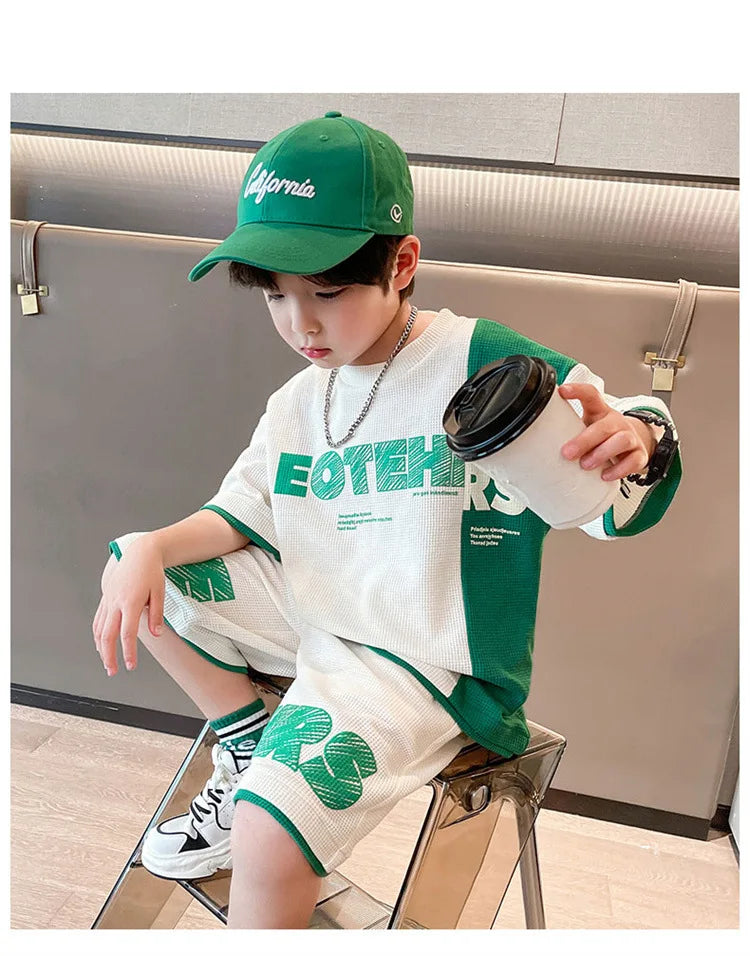 New Summer Teenagers Boys Clothing Sets Child Fashion Letter Top And Shorts 2Pcs Kids Tracksuit 4 5 6 7 8 9 10 11 12 13 14 Years