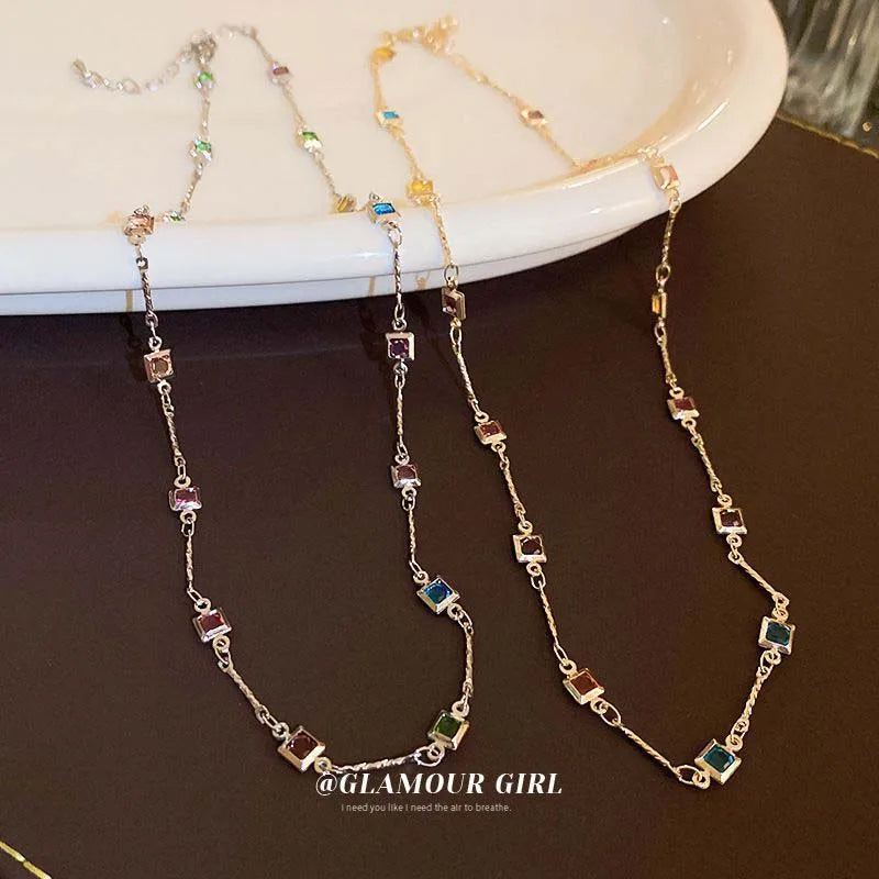 Hot Sale Colorful Square Rhinestone Necklace Fashion Exquisite Light Luxury Zircon Clavicle Chain Female Wedding Jewelry Gifts