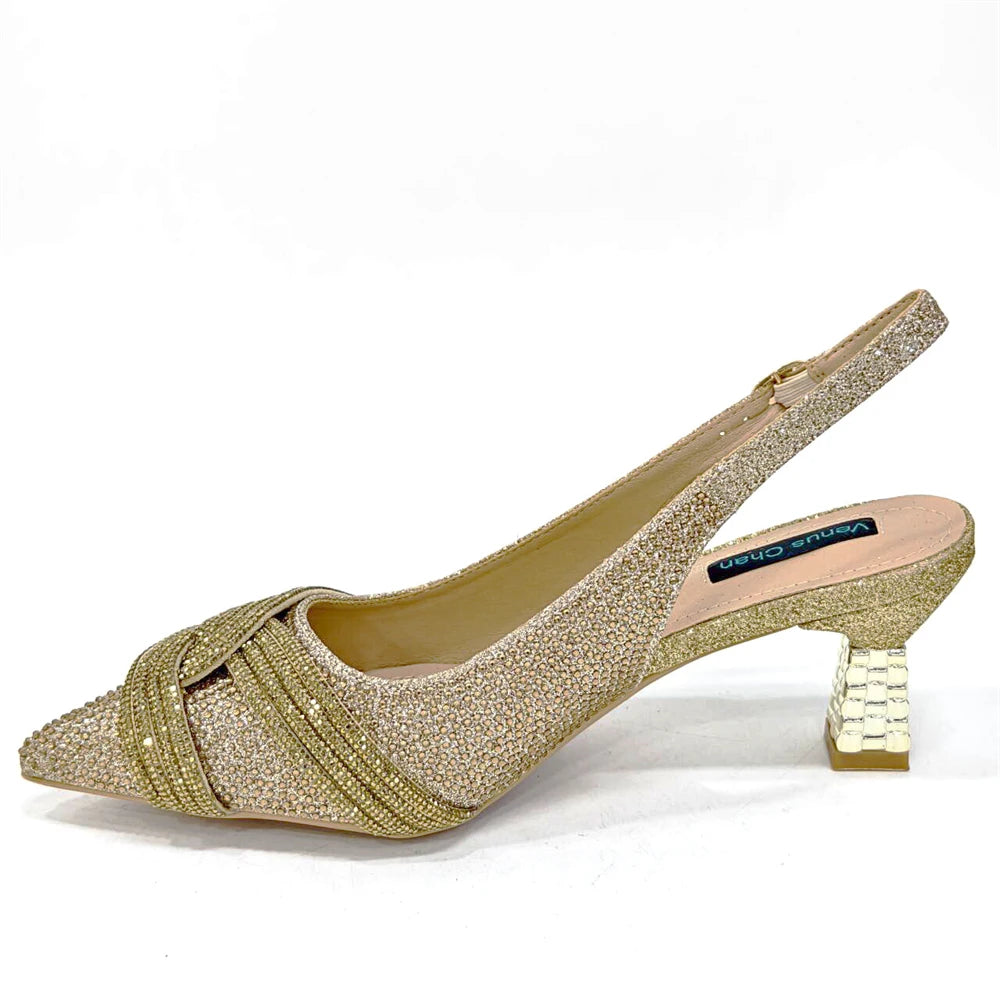 Venus Chan 2024 Special Design High Quality Orange Color African Women Shoes and Bag Set with Shinning Crystal for Wedding Party