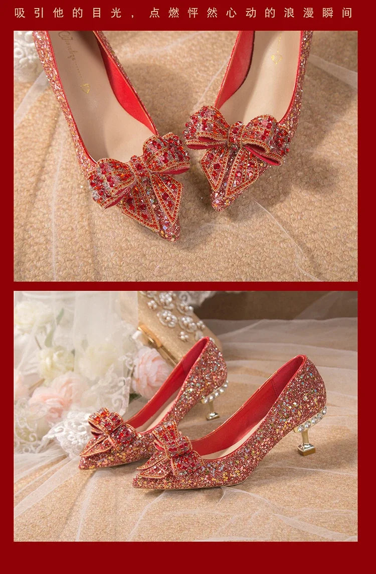 Women's Rhinestone Wedding Shoes New Year Shoes Luxury Buckle Decorative Banquet Women's Shoes High Heels Gold Silver Red