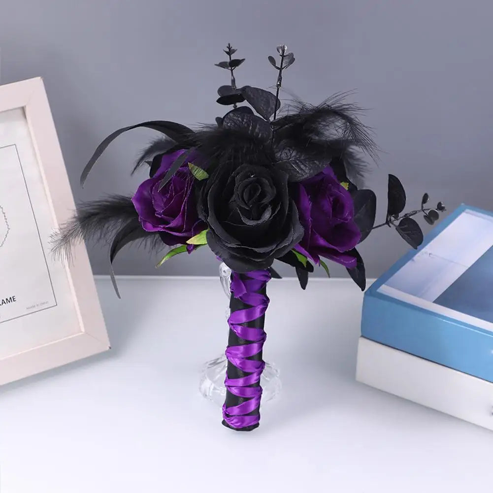 Yannew Black Burgundy Gothic Bridal Bouquets for Bride Bridesmaids Artifiicial Silk Foam Roses Flower Wedding Bouquet Halloween