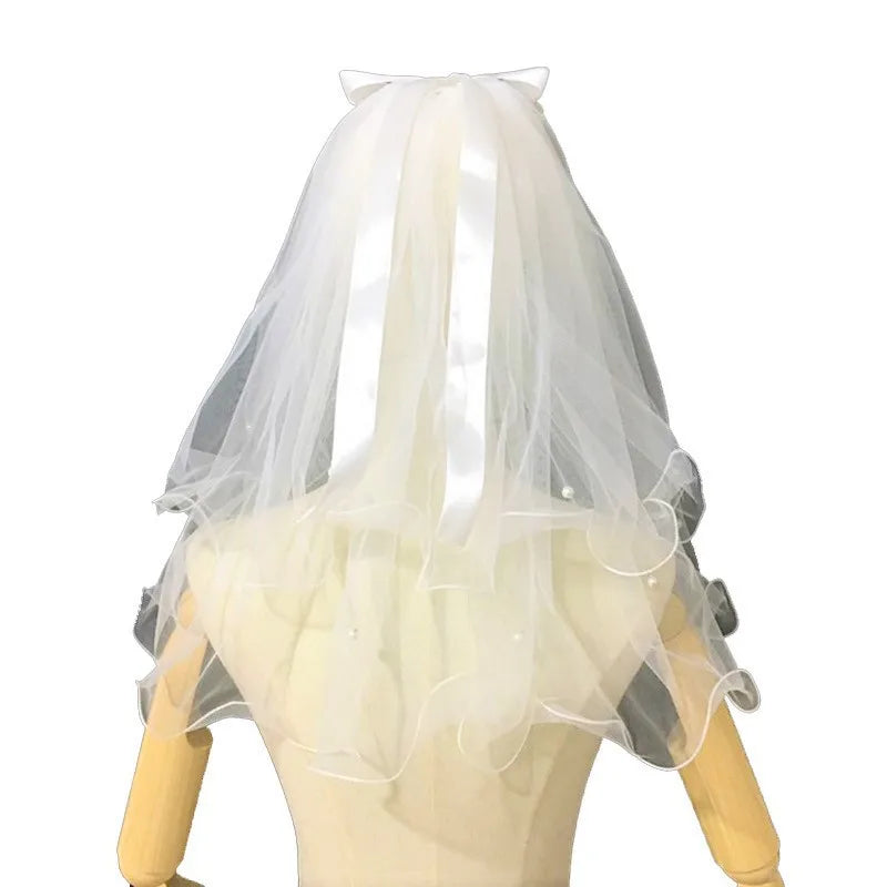 Short Wedding Veil With Comb Bow Pearls 2 Layers Simple Bridal Mariage Accessories 2024