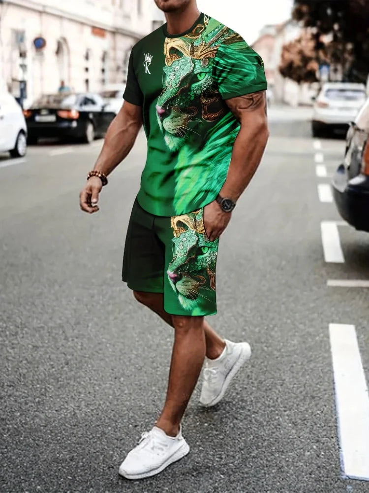 Men's Summer Short Sleeve Set Hip Hop Cartoon Bear Print Short Sleeve Top Shorts Casual Two-piece Outdoor Urban Street Fashion