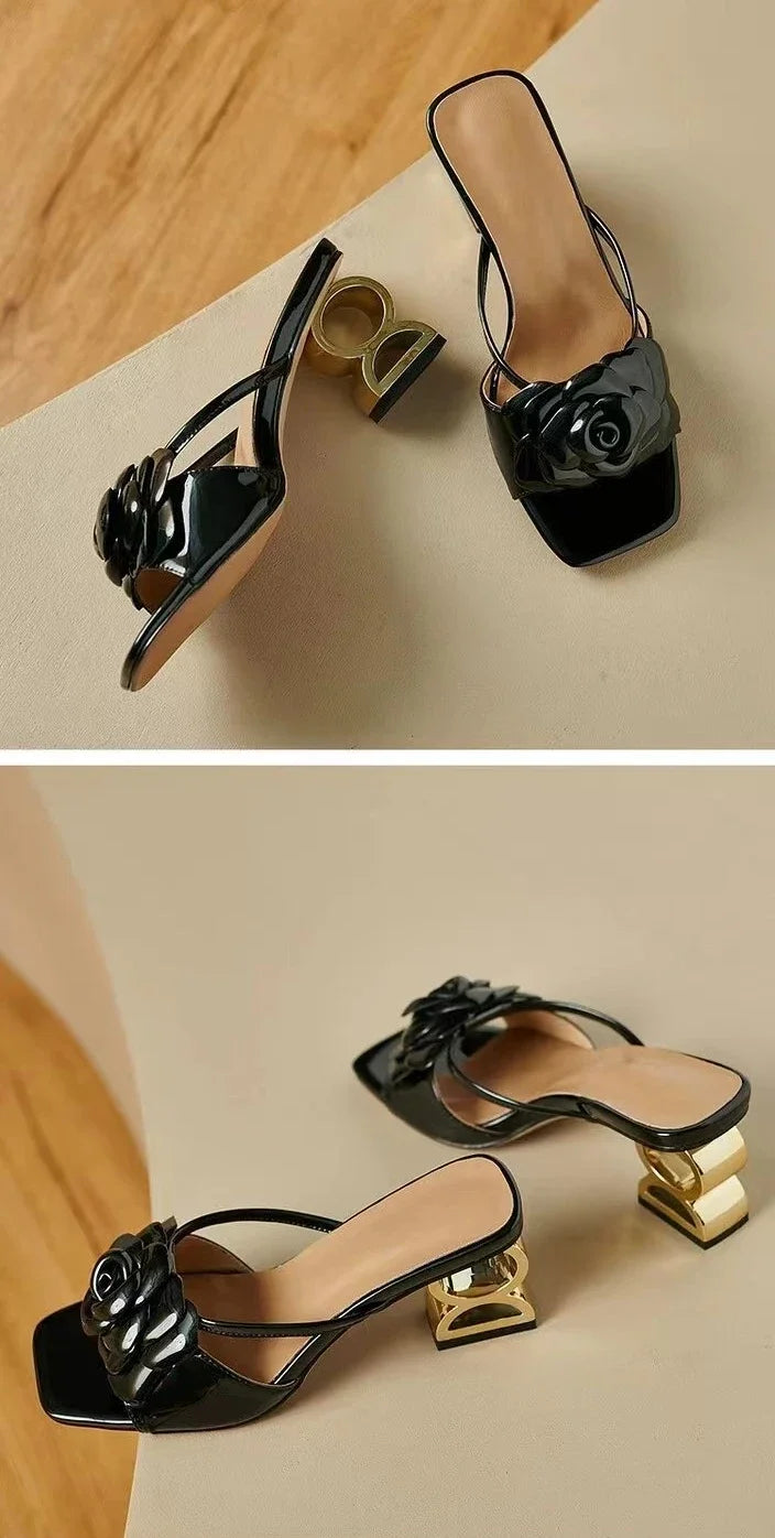 Women Shoes 2025 New Summer Big Size 34-42 Fashion Flowers Black Beige Gold Dress Party Wedding Female Sandals Shoes