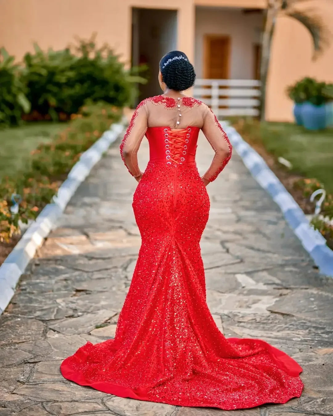 Gorgeous African Red Prom Gown Asoebi Wedding Party Gown Bridal Dress Sheer Long Sleeves Beaded Lace Formal Occasion Dresses