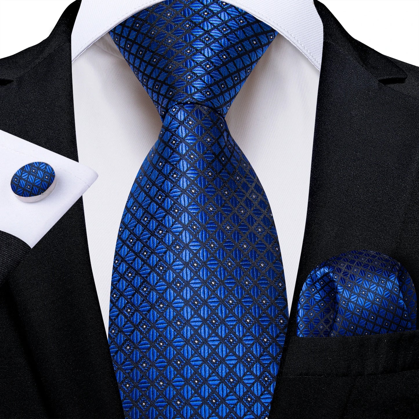 Royal Blue Paisley Plaid Striped Men tie Set with Handkerchief Cufflinks Wedding Prom Groom Accessories Perfect Gift for Men