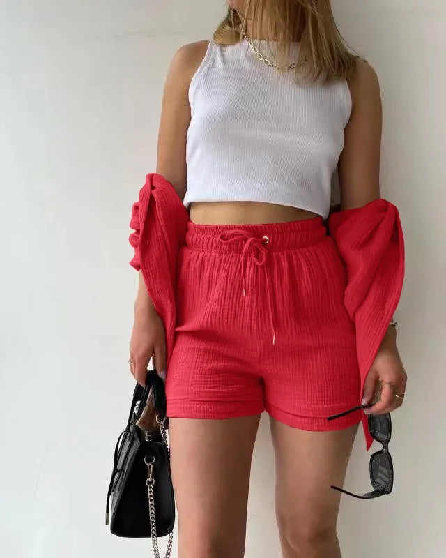 Short Sets Women Tracksuit Single Breasted Cardigan Blouses Two Pieces Shorts Loose Button High Street Solid Pockets Folds
