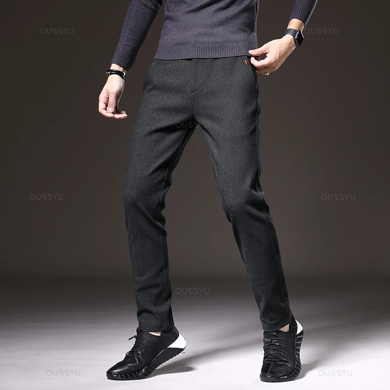 Autumn Winter New Classic Casual Pants Men Thick Business Korea Slim Fit Stretch Gray Blue Black Brushed Fabric Trousers Male