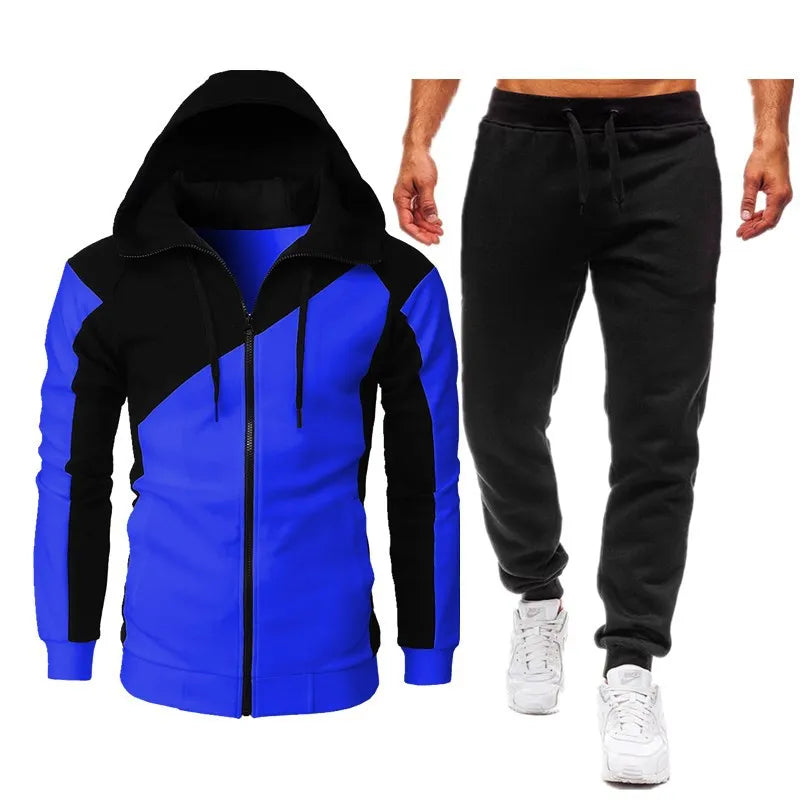 Men's Sets, Athletic two-tone patchwork jacket, long sleeves and long pants, hooded casual sports men's suit