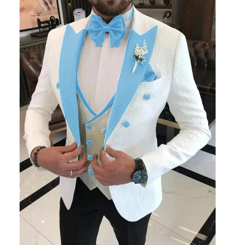 Men Wedding Suits 2024 Formal White Jacquard Men Suit Set Slim Fit Groom Tuxedos Groomsman Blazer Suits For Men 3 Piece