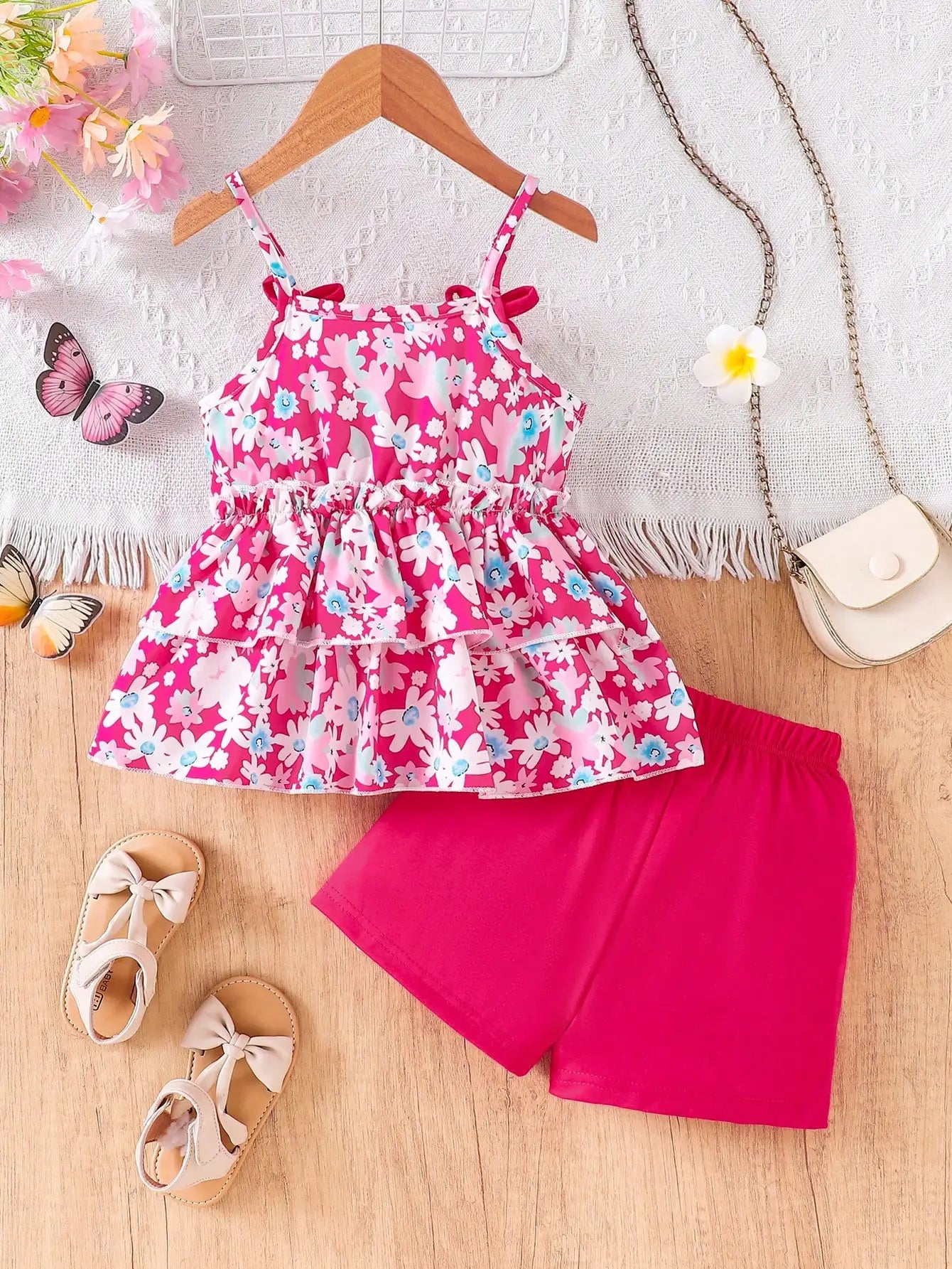 Summer Girl's Outfit Floral Sling Top + Shorts Set
