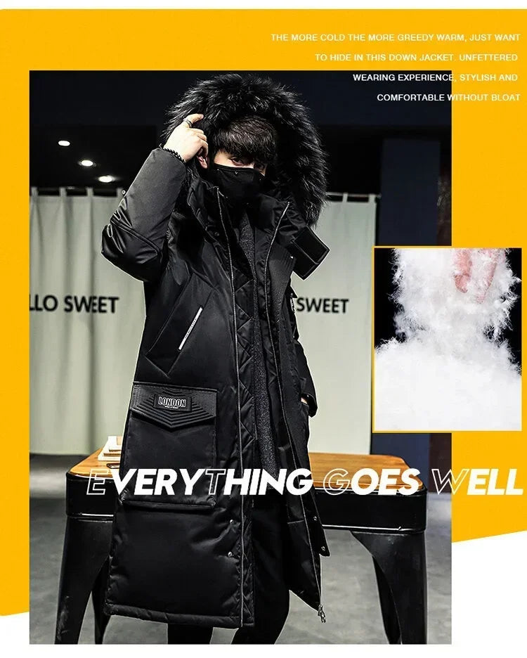 Men's Thickened Down Jacket Hooded Faux Fur Collar Winter Long Parka Jacket Outdoor Street Fashion Jacket Men's Clothing 2024
