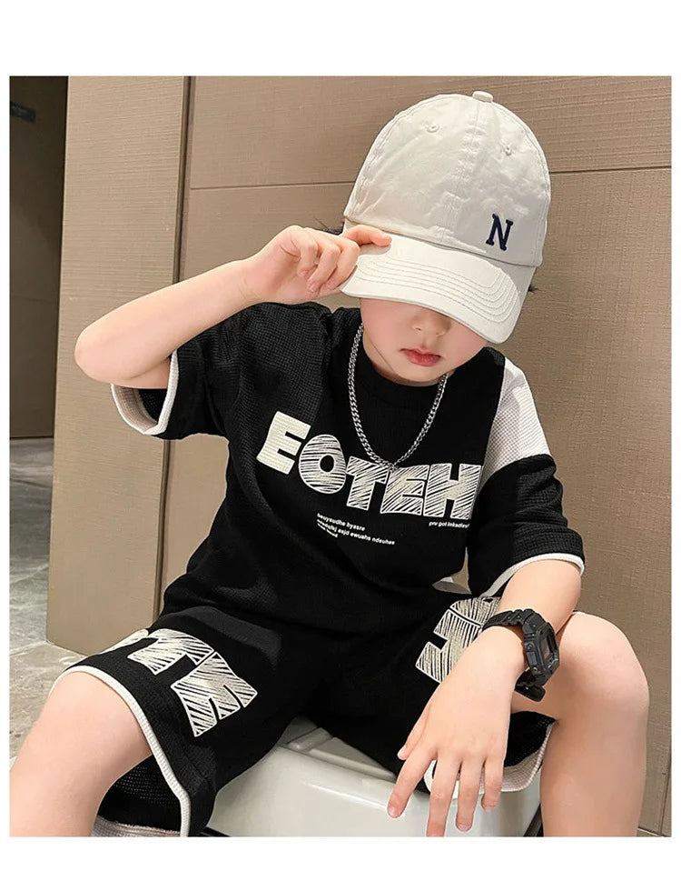 New Summer Teenagers Boys Clothing Sets Child Fashion Letter Top And Shorts 2Pcs Kids Tracksuit 4 5 6 7 8 9 10 11 12 13 14 Years