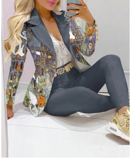 Fashion Butterfly Print Blazer Suit and Pants Two Piece Set for Women 2023 Autumn Winter Outfit Office Lady Casual Clothing