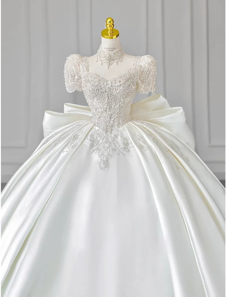 Satin white French light wedding dress 2023 new bride high-quality texture trailing summer court style main yar